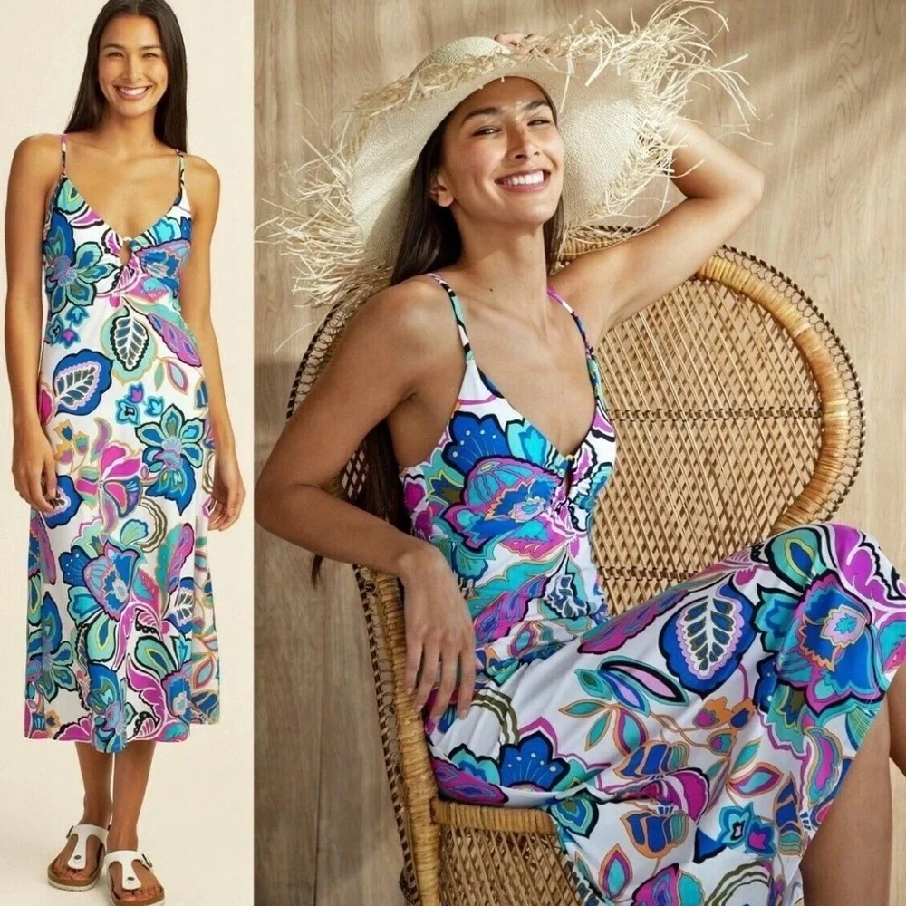 Trina Turk Mandalay Floral Cut Out Back Swim Jersey Cover Up Midi Dress M